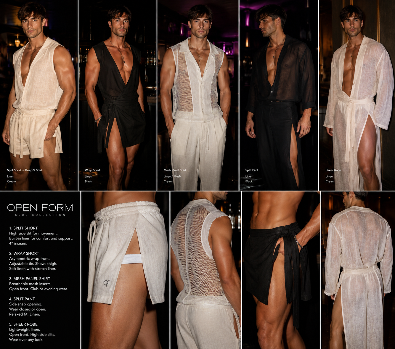 Open Form men's linen club collection with split shorts, wrap shorts, mesh shirt, split pant, and sheer robe